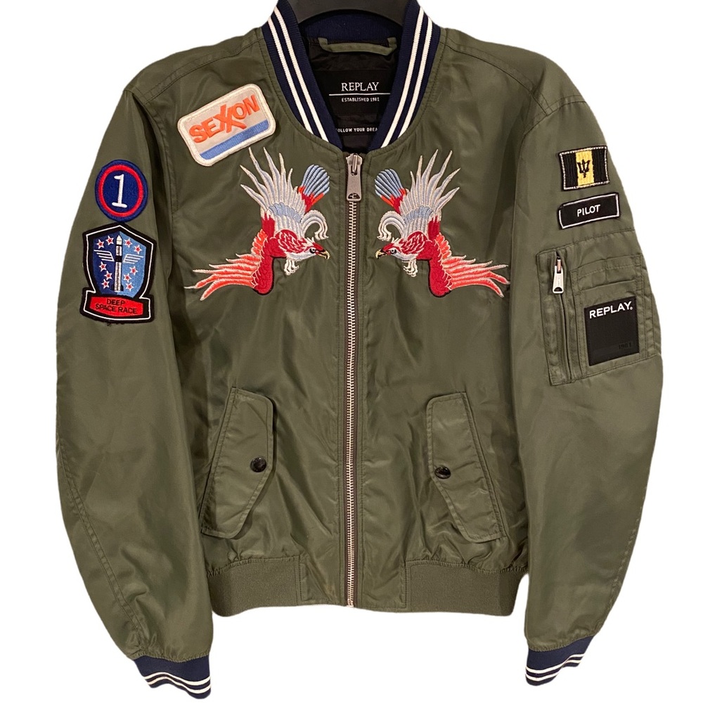 **LIKE NEW** REPLAY Embroidered Bomber Jacket with Patchwork. Size M.